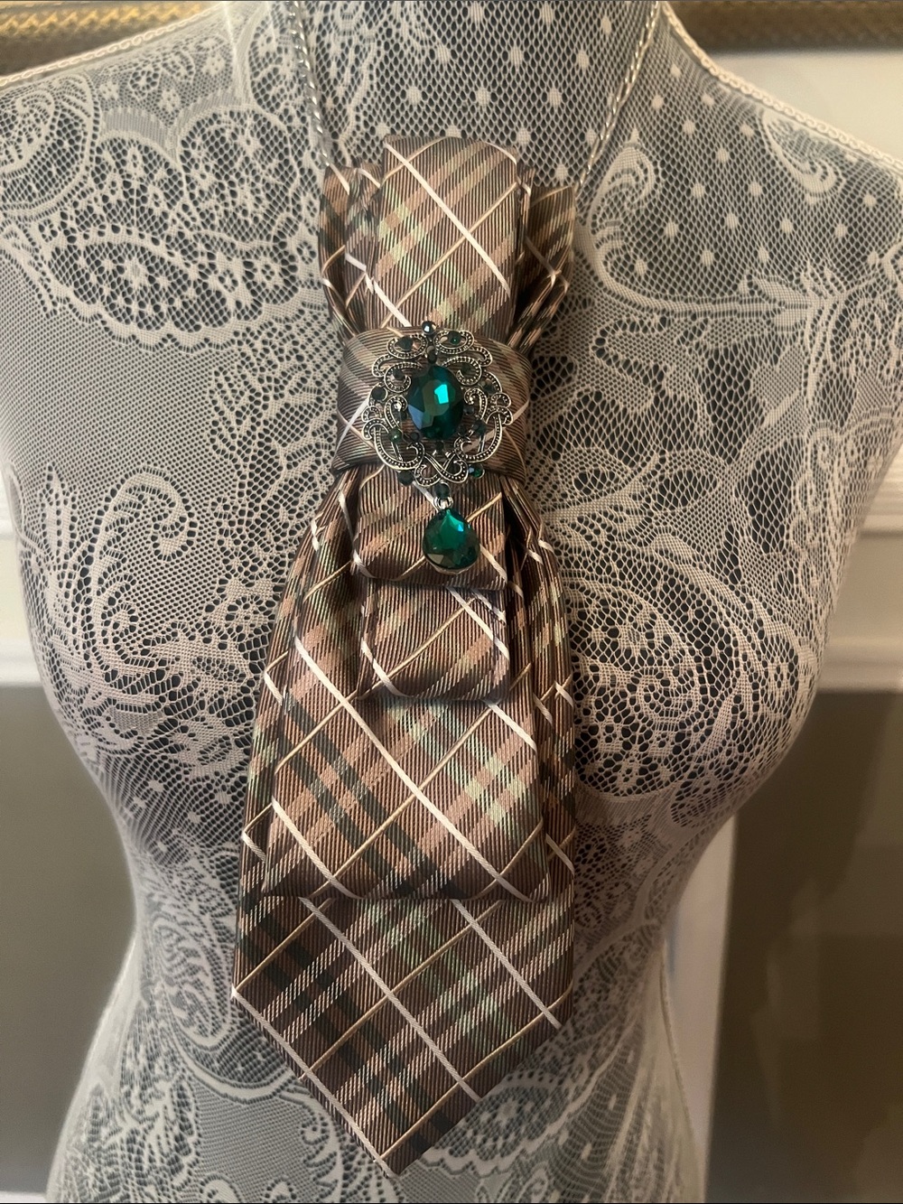 Brown & Green Plaid Necktie Necklace with Green Jewel Accent Brooch